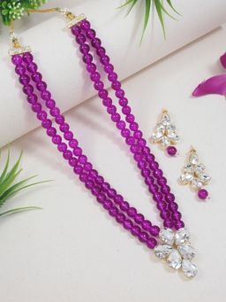I Jewels - Gold Plated Traditional Kundan & Pearl Studded Necklace Jewellery Set Purple