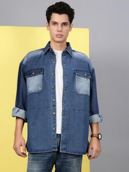 Voxati - Men Navy Blue Denim Oversized Fit Solid Shirt