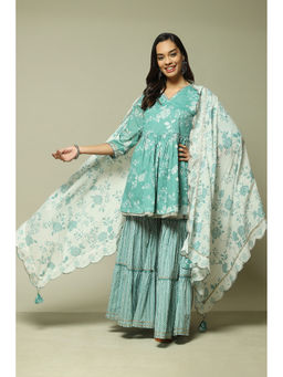 Biba - Womens Green Printed Voile Straight Suit (Set of 3)