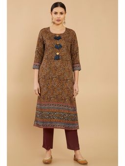 Soch - Women Olive Linen Floral Kurta