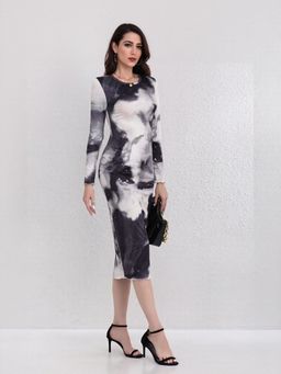 Outzidr - Black Abstract Print Fitted Party Dress