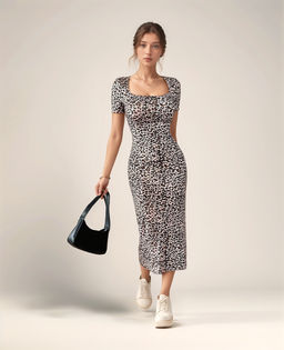 Outzidr - Black Animal Print Short Sleeves Casual Wear Dress