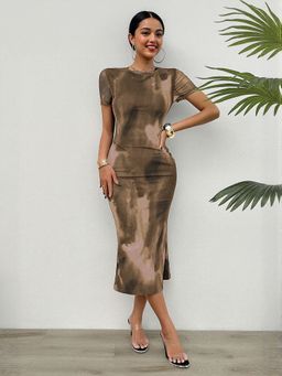 Outzidr - Khaki Power Mesh Midi Dress