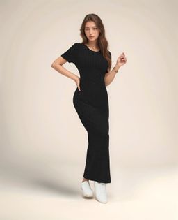 Outzidr - Black Jersey High Slit Street Style Dress