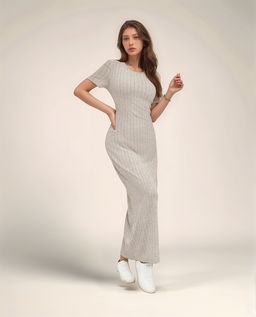 Outzidr - Beige Jersey High Slit Street Style Dress