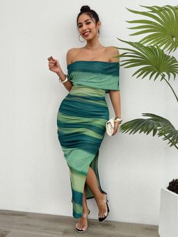 Outzidr - Green Off Shoulder Fitted Maxi Bodycon Party Dress