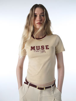 ONLY - Women Typography Regular Fit Beige T-Shirt