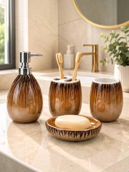Kookee - Brown Ceramic 4 Piece Bathroom Accessory Set
