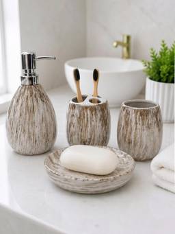 Kookee - Beige Ceramic 4 Piece Bathroom Accessory Set