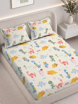 FABINALIV - White Cartoon Print 300 TC Polycotton Fitted Bedsheet with 2 Pillow Covers (King)