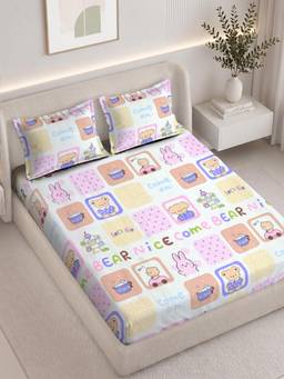 FABINALIV - White Cartoon Print 300 TC Polycotton Fitted Bedsheet with 2 Pillow Covers (King)