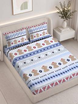 FABINALIV - Multi-Color Cartoon Print 300 TC Fitted Bedsheet with 2 Pillow Covers (King)