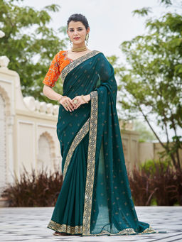 Odette - Festive Designer Teal Saree with Unstitched Blouse