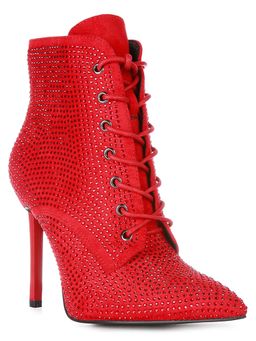 London Rag - Women Red Rhinestones Stiletto Casual Boots