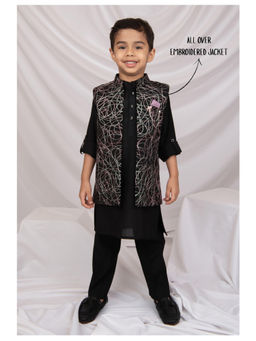 Little Collars - Boys Black Kurta with Pant and Jacket-Brooch