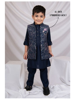 Little Collars - Boys Navy Blue Kurta with Pant and Jacket-Brooch