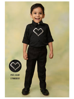 Little Collars - Boys Black Embroidered Shirt with Pant and Bow