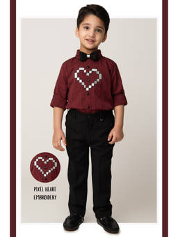 Little Collars - Boys Maroon Embroidered Shirt with Pant and Bow