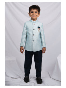 Little Collars - Boys Sea Green Sherwani with Pant and Brooch