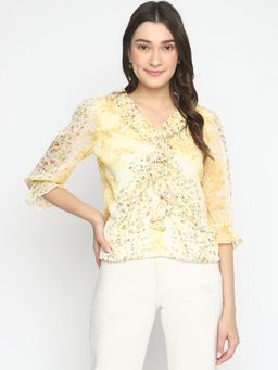 Latin Quarters - Women yellow Floral Half Sleeve Regular Top with Ruffles