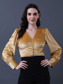 ANVI Be Yourself - Solid Yellow Velvet V Neck Long Sleeve Crop Top