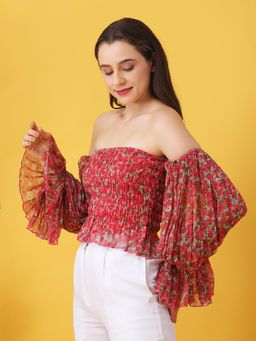 ANVI Be Yourself - Women Floral Printed Multi-Color Off Shoulder Crop Bardot Top