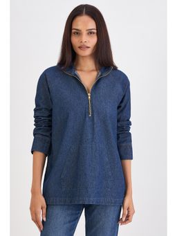 Femmella - Navy Blue Denim Zip-Up Top
