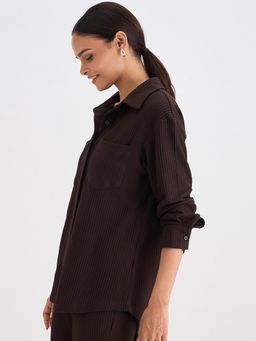 Femmella - Coffee Brown Waffle Knit Button Down Shirt