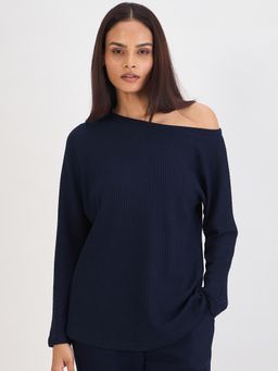 Femmella - Navy Waffle Knit One Shoulder Top