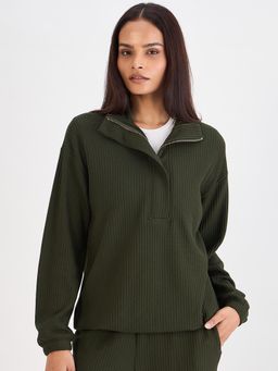 Femmella - Olive Waffle Knit Collar Detail Top