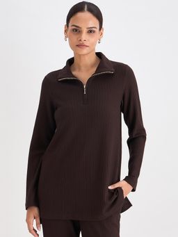 Femmella - Coffee Brown Waffle Knit High Neck Top