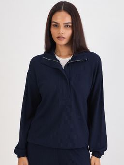 Femmella - Navy Blue Waffle Knit Zip Up Top