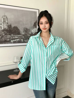 MISS MOSA BY AKANKSHA - Green Louise Striped Summer Oversized Shirt