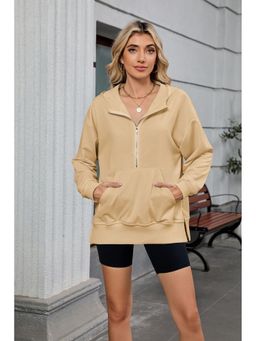 Outzidr - Beige Full Sleeves Half Zip Sweatshirt