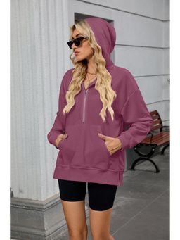 Outzidr - Pink Full Sleeves Half Zip Sweatshirt