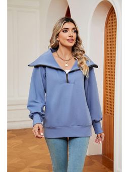 Outzidr - Blue Full Sleeves Big Collar Half Zip Sweatshirt
