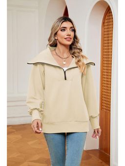 Outzidr - Cream Full Sleeves Big Collar Half Zip Sweatshirt