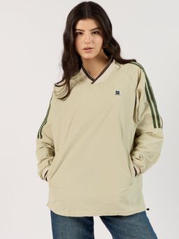 Outzidr - Beige V Neck Oversized Sweatshirt