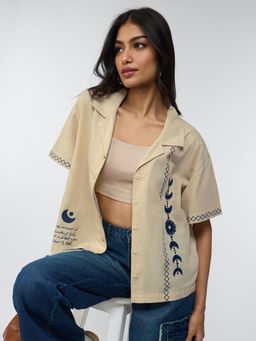 The Souled Store - Cotton Linen Believe Women Beige Oversized Shirt