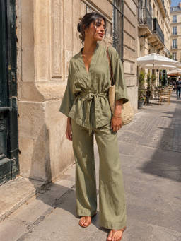 Obleka - Olive Green Cotton Linen Kimono Co-Ord Set