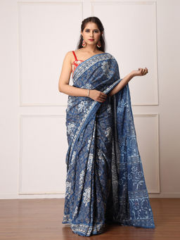 Mayurie - Nidhi Indigo Dabu Print Cotton Saree with Unstitched Blouse