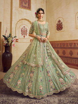 Panchhi - Green Net Sequins Embroidery Semi Stitched Lehenga Choli with Dupatta and Belt