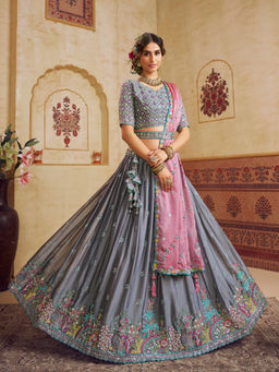Panchhi - Grey Silk Sequins Embroidery Semi Stitched Lehenga Choli with Dupatta and Belt