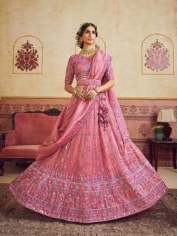 Panchhi - Pink Organza Sequins Embroidery Semi Stitched Lehenga Choli with Dupatta and Belt