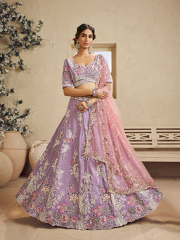 Panchhi - Lavender Satin Silk Sequins Embroidery Semi Stitched Lehenga with Choli and Dupatta