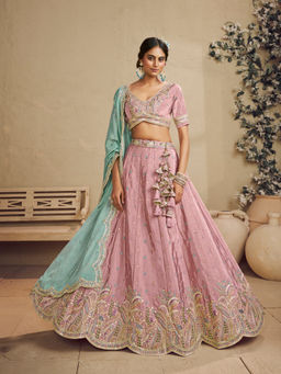 Panchhi - Pink Satin Silk Sequins Embroidery Semi Stitched Lehenga with Choli and Dupatta
