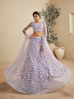 Panchhi - Lavender Net Fabric Sequins Embroidery Semi Stitched Lehenga with Choli and Dupatta
