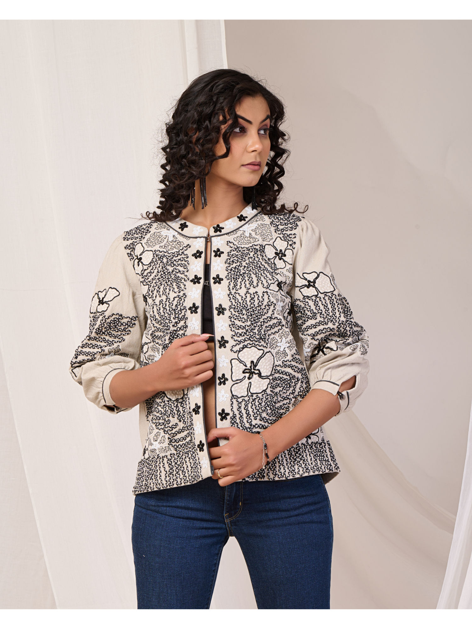 Black Embroidered Off White Cotton Jacket-image-16