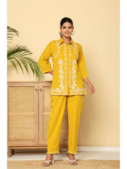 Zolo Label - Mustard Meadow White Floral Embroidered Cotton Co-Ord Set