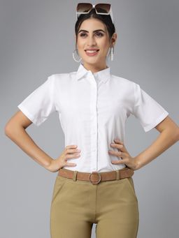 Style Quotient - Women White Cotton Blend Formal Short Sleeve Shirt